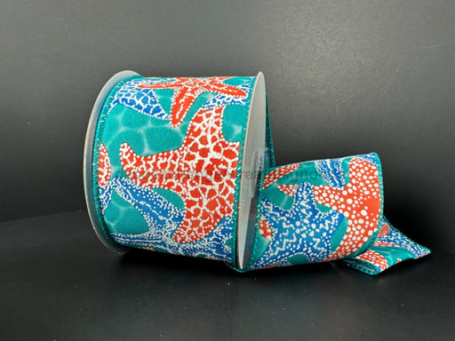 Teal Water Stn/Coral-Blue Starfish 2.5’’X10Y 41537-40-33 Ribbon