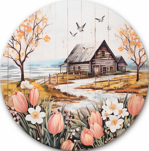 Tulips With Cabin Spring Sign Dco-00859-A Wreath 12 Metal Round