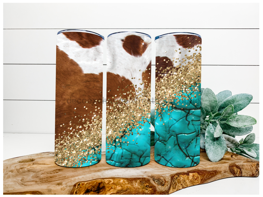 Turquoise Cow Tumbler, 20 oz Skinny Tumbler DECOETUMBLER-083 - DecoExchange