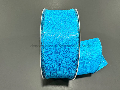 Turq Glittered Flwr Embossed 2.5’’X50Y 871-40-440 Ribbon