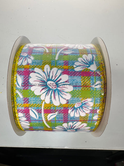 Turquoise Satin/Fuchsia-Lime-Yellow Plaid/White Gerberas 2.5’’X10Y 41525-40-22 Ribbon