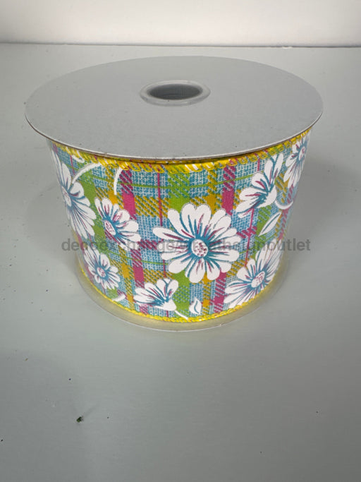 Turquoise Satin/Fuchsia-Lime-Yellow Plaid/White Gerberas 2.5’’X10Y 41525-40-22 Ribbon