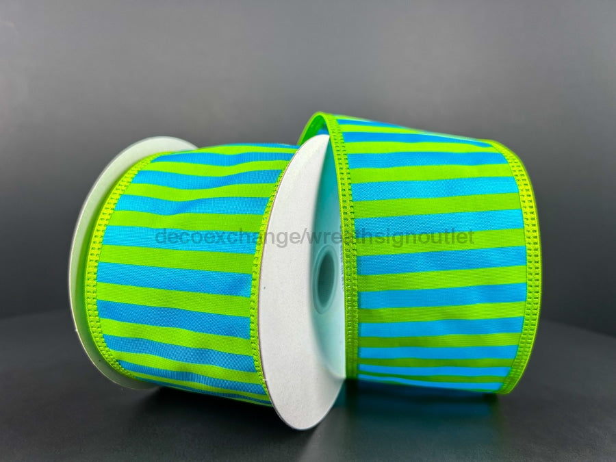 Turquoise Satin With Lime Stripes And Edge Ribbon 2.5 Inches X 10 Yards 46426-40-29