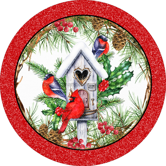 Wreath Sign, 10" Round Vinyl Decal - Christmas Cardinals - DECOE-077, DecoExchange, Sign For Wreaths - DecoExchange
