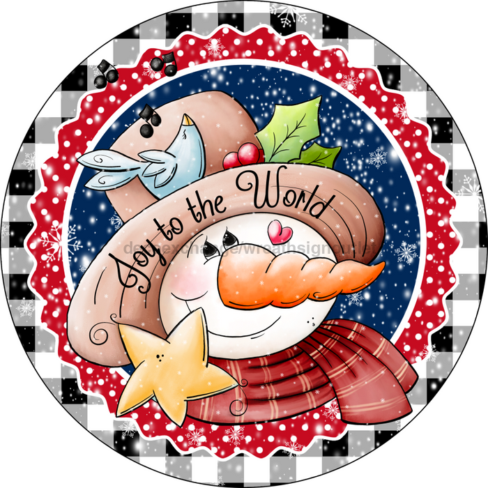 Wreath Sign, Christmas Sign, Red and White Joy Snowman, 10" Round, Metal Sign, DECOE-130, DecoExchange, Sign For Wreath - DecoExchange