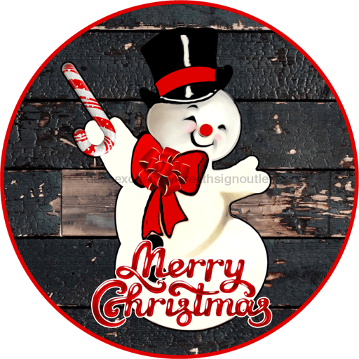 Wreath Sign, Christmas Sign, Snowman Candy cane, 10" Round, Metal Sign, DECOE-330, DecoExchange, Sign For Wreath - DecoExchange