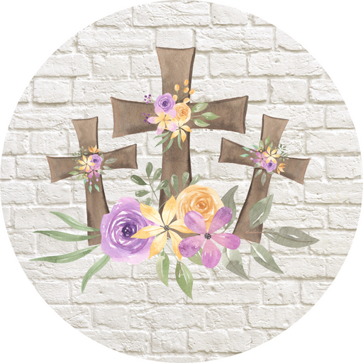 Vinyl Decal, Easter Sign, Easter Crosses 10" Round Metal Sign VINYL-DECOE-413, Sign For Wreath, DecoExchange - DecoExchange
