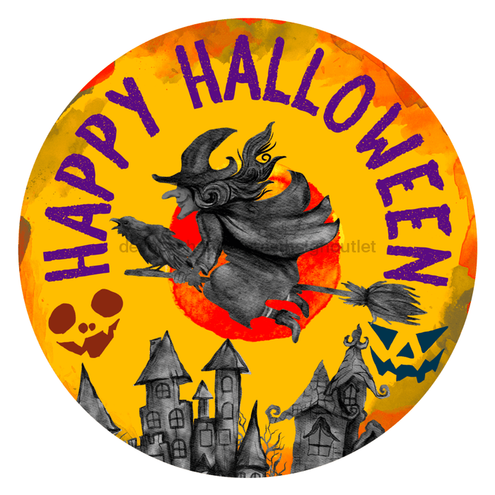 Wreath Sign, Halloween Happy Halloween Witch 10" Round Metal Sign DECOE-156, Sign For Wreath, DecoExchange - DecoExchange