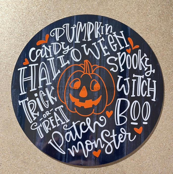 Wreath Sign, Halloween Pumpkin Typography 10" Round Metal Sign DECOE-150, DecoExchange, Sign For Wreaths - DecoExchange