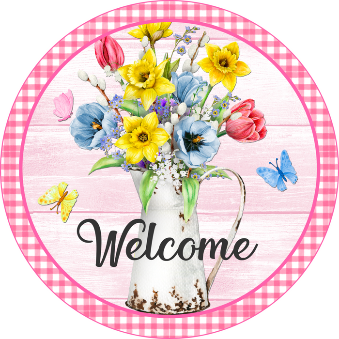 Wreath Sign, Spring Welcome Sign, Pink Floral Sign, 10" Round Metal Sign DECOE-833, Sign For Wreath, DecoExchange - DecoExchange