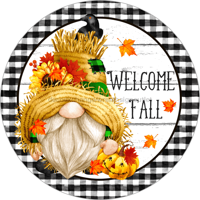 Wreath Sign, Welcome Fall, Gnome Fall Sign, 10" Round Metal Sign DECOE-740, Sign For Wreath, DecoExchange - DecoExchange