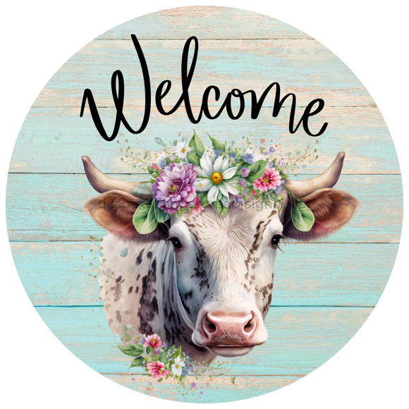 Welcome Sign Cow Decoe-4602 Wreath 12 Metal Round
