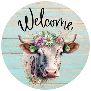 Welcome Sign Cow Decoe-4602 Wreath 8 Metal Round