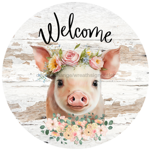Welcome Sign Pig Decoe-4603 Wreath 8 Metal Round