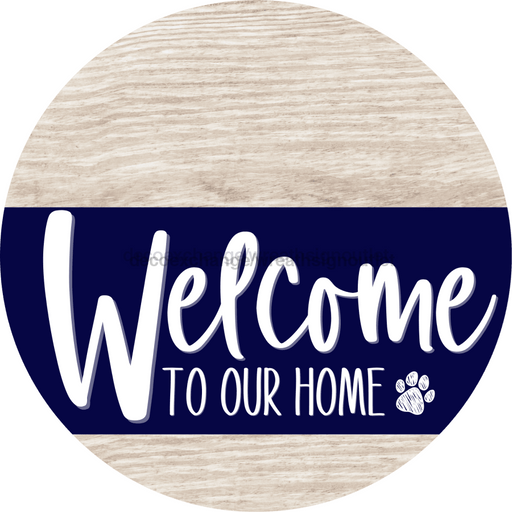 Welcome To Our Home Sign Dog Navy Stripe White Wash Decoe-3714-Dh 18 Wood Round