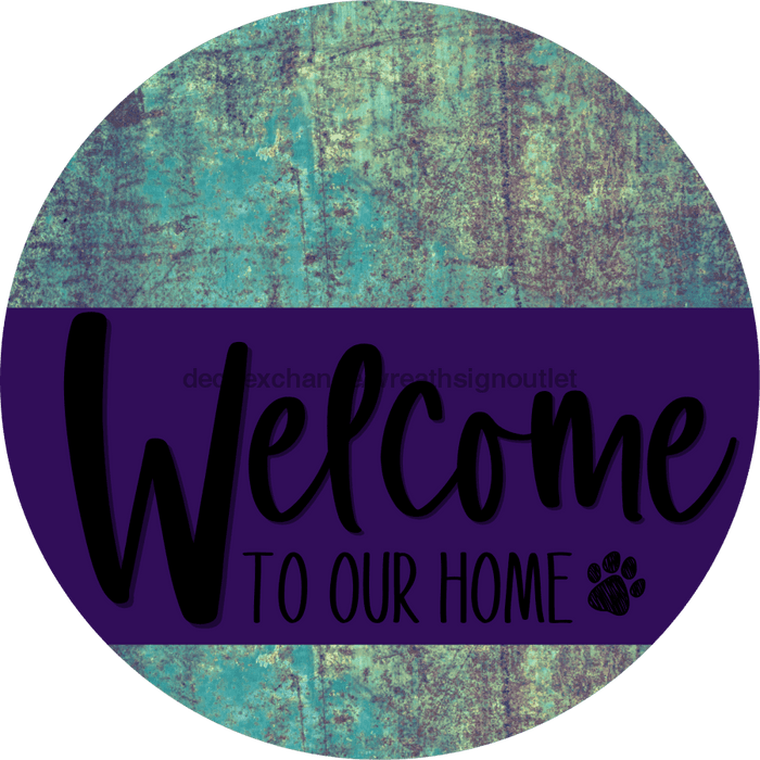 Welcome To Our Home Sign Dog Purple Stripe Petina Look Decoe-3802-Dh 18 Wood Round