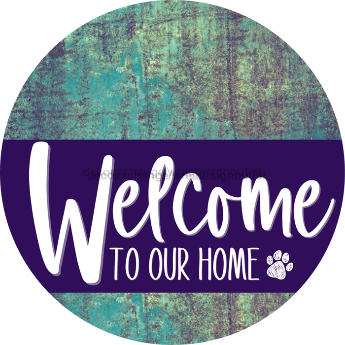 Welcome To Our Home Sign Dog Purple Stripe Petina Look Decoe-3812-Dh 18 Wood Round