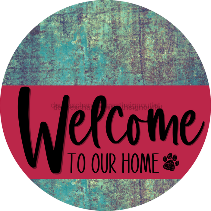 Welcome To Our Home Sign Dog Viva Magenta Stripe Petina Look Decoe-3822-Dh 18 Wood Round