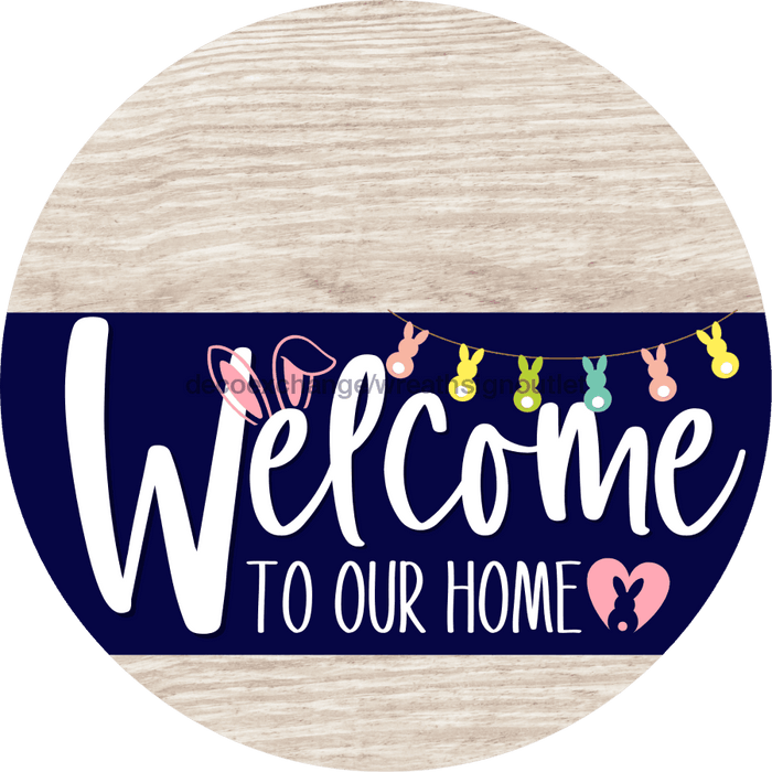 Welcome To Our Home Sign Easter Navy Stripe White Wash Decoe-3410-Dh 18 Wood Round