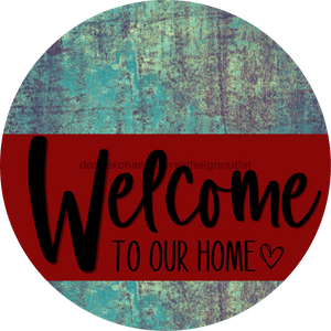 Welcome To Our Home Sign Heart Dark Red Stripe Petina Look Decoe-2828-Dh 18 Wood Round