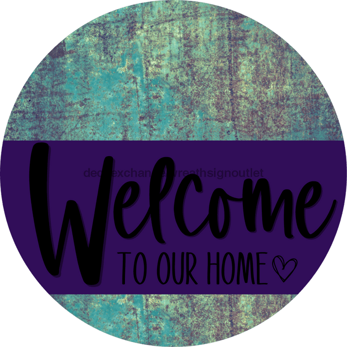 Welcome To Our Home Sign Heart Purple Stripe Petina Look Decoe-2868-Dh 18 Wood Round