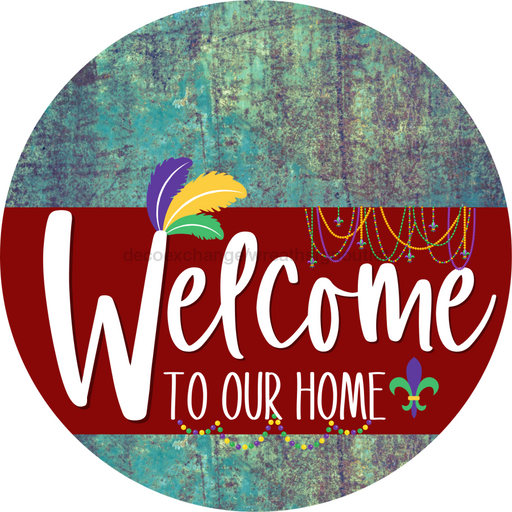 Welcome To Our Home Sign Mardi Gras Dark Red Stripe Petina Look Decoe-3620-Dh 18 Wood Round