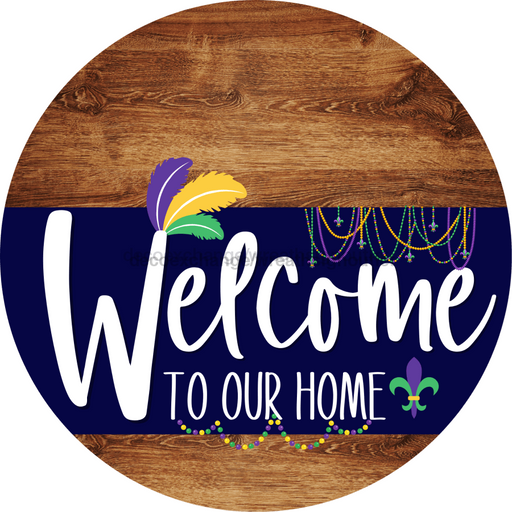 Welcome To Our Home Sign Mardi Gras Navy Stripe Wood Grain Decoe-3556-Dh 18 Round