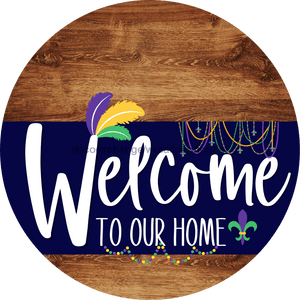 Welcome To Our Home Sign Mardi Gras Navy Stripe Wood Grain Decoe-3556-Dh 18 Round