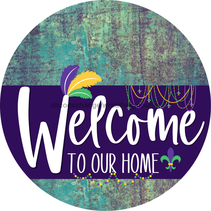 Welcome To Our Home Sign Mardi Gras Purple Stripe Petina Look Decoe-3660-Dh 18 Wood Round