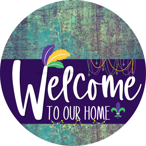 Welcome To Our Home Sign Mardi Gras Purple Stripe Petina Look Decoe-3660-Dh 18 Wood Round
