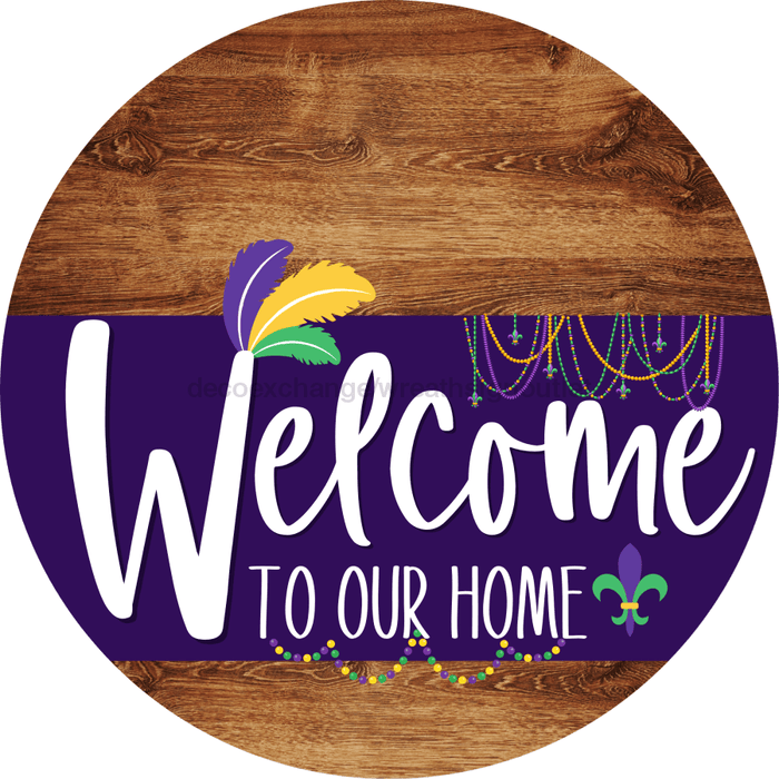 Welcome To Our Home Sign Mardi Gras Purple Stripe Wood Grain Decoe-3656-Dh 18 Round