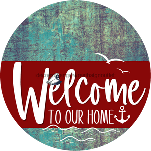 Welcome To Our Home Sign Nautical Dark Red Stripe Petina Look Decoe-3163-Dh 18 Wood Round