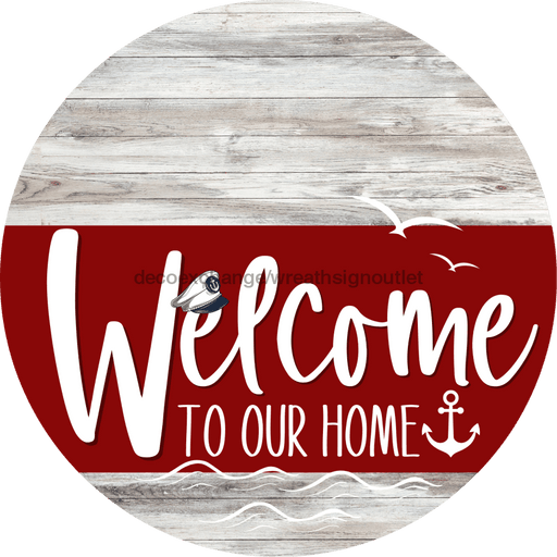 Welcome To Our Home Sign Nautical Dark Red Stripe White Wash Decoe-3166-Dh 18 Wood Round