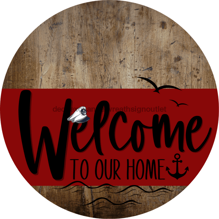 Welcome To Our Home Sign Nautical Dark Red Stripe Wood Grain Decoe-3151-Dh 18 Round