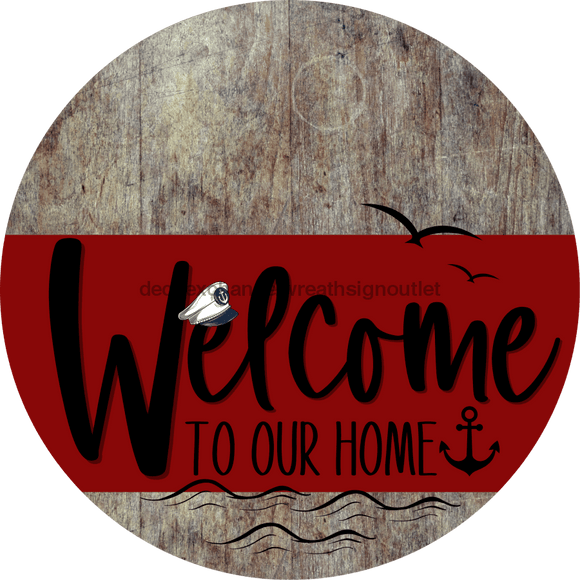 Welcome To Our Home Sign Nautical Dark Red Stripe Wood Grain Decoe-3152-Dh 18 Round