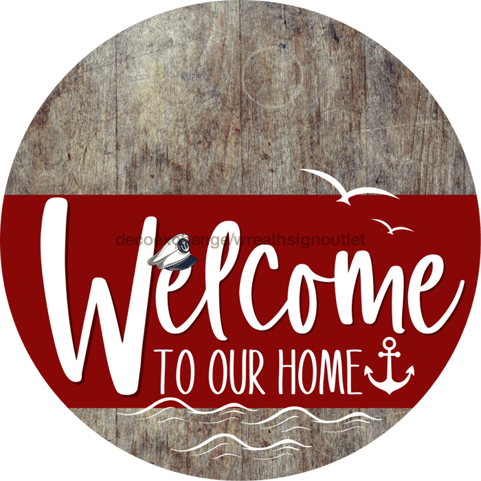 Welcome To Our Home Sign Nautical Dark Red Stripe Wood Grain Decoe-3162-Dh 18 Round