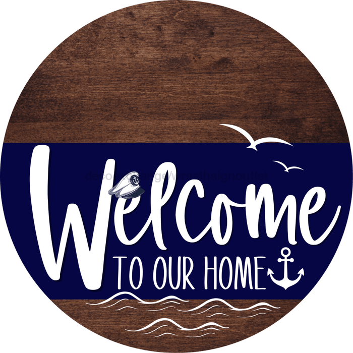 Welcome To Our Home Sign Nautical Navy Stripe Wood Grain Decoe-3100-Dh 18 Round