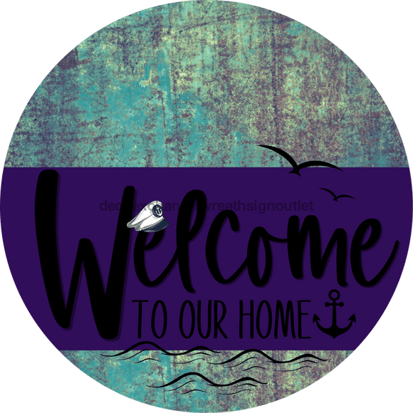 Welcome To Our Home Sign Nautical Purple Stripe Petina Look Decoe-3193-Dh 18 Wood Round