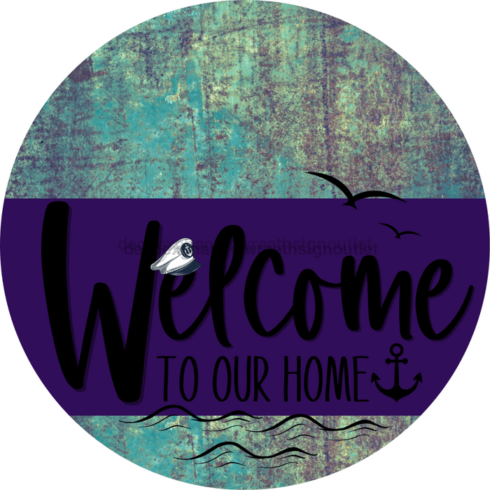 Welcome To Our Home Sign Nautical Purple Stripe Petina Look Decoe-3193-Dh 18 Wood Round