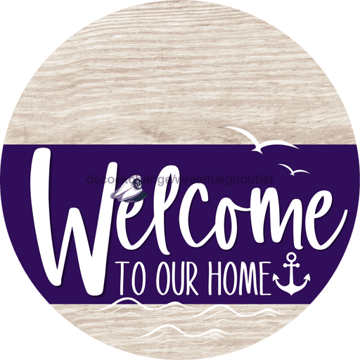 Welcome To Our Home Sign Nautical Purple Stripe White Wash Decoe-3205-Dh 18 Wood Round