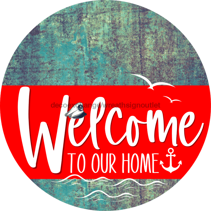 Welcome To Our Home Sign Nautical Red Stripe Petina Look Decoe-3143-Dh 18 Wood Round