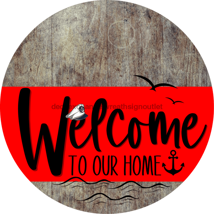Welcome To Our Home Sign Nautical Red Stripe Wood Grain Decoe-3132-Dh 18 Round