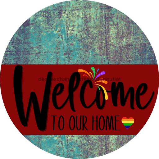 Welcome To Our Home Sign Pride Dark Red Stripe Petina Look Decoe-3914-Dh 18 Wood Round