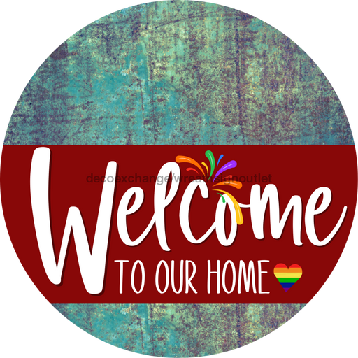 Welcome To Our Home Sign Pride Dark Red Stripe Petina Look Decoe-3924-Dh 18 Wood Round