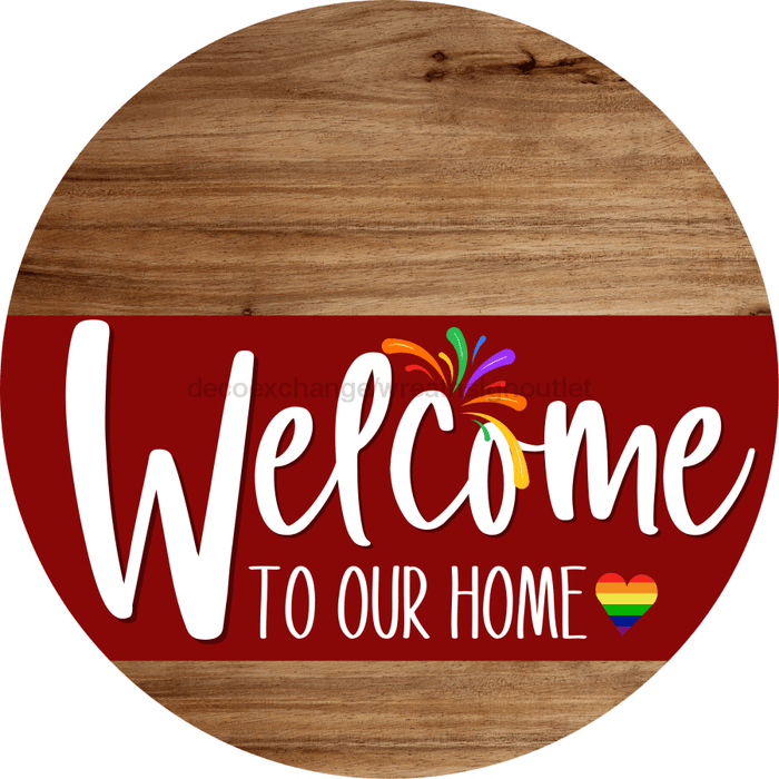 Welcome To Our Home Sign Pride Dark Red Stripe Wood Grain Decoe-3919-Dh 18 Round