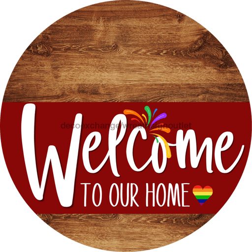Welcome To Our Home Sign Pride Dark Red Stripe Wood Grain Decoe-3920-Dh 18 Round