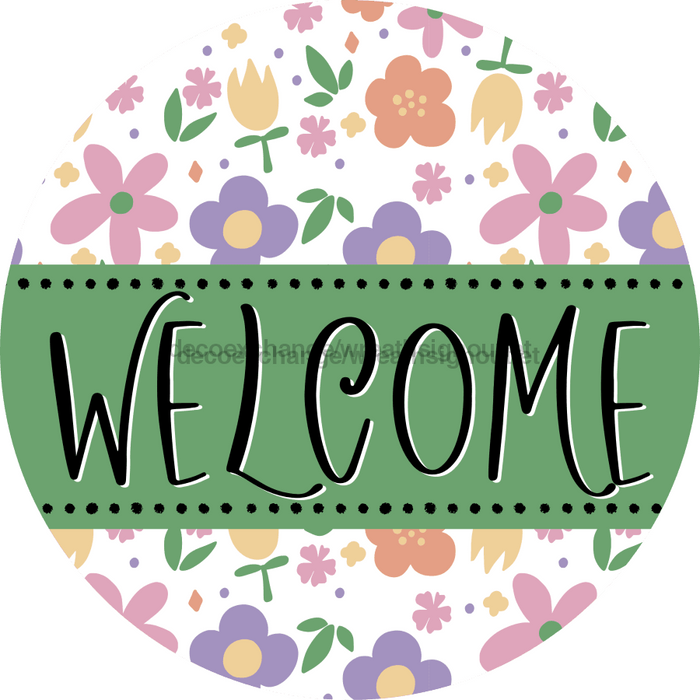 Welcome Wreath Sign, Floral Wreath, DECOE-4129-A, 11.75 metal Round
