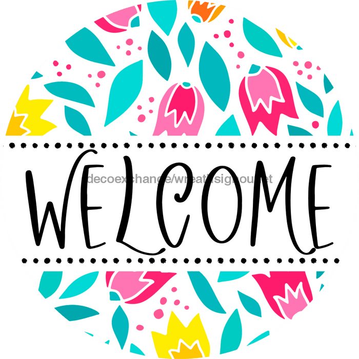 Welcome Wreath Sign, Floral Wreath, DECOE-4136-A, 11.75 metal Round