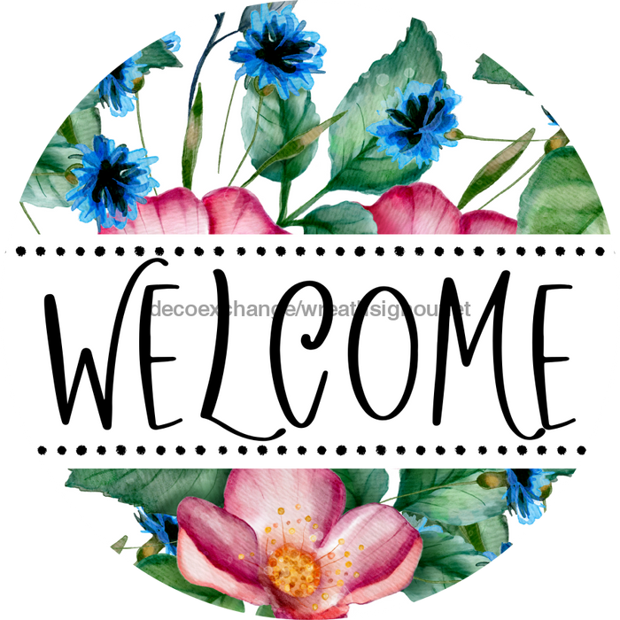 Welcome Wreath Sign, Floral Wreath, DECOE-4138, 10 metal Round