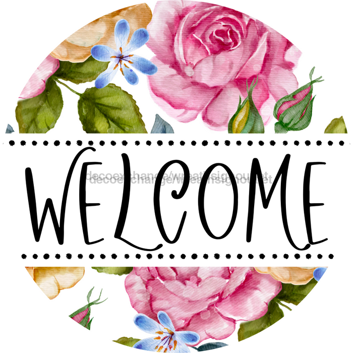 Welcome Wreath Sign, Floral Wreath, DECOE-4141, 10 metal Round